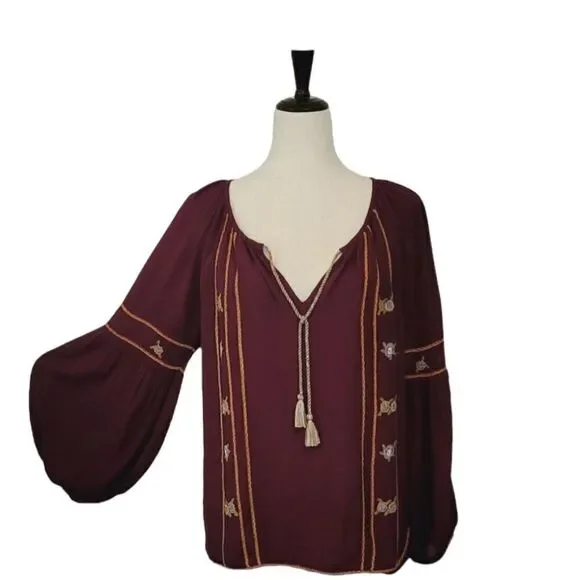 Hippie Laundry Maroon Embroidered Split Neck Ballon Sleeve Pheasant Blouse M - Picture 3 of 12